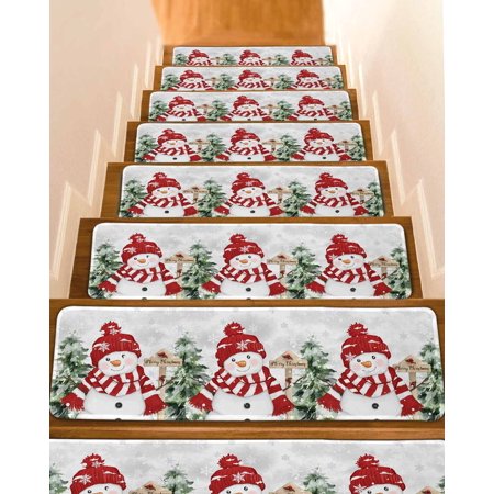 Grey Christmas Stair Treads for Wooden Steps Indoor Runner Rug Carpet Winter Vintage Snowman Pine Tree Snowy 15 Pieces Peel and Stick Staircase Step Treads Covers Washable Throw Door Mats 30 x8