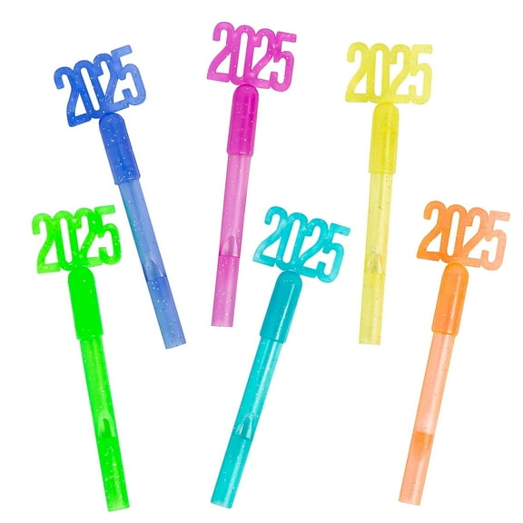 Fun Express 1" x 4" Bulk 72 Pieces 2025 Glitter Brightly Colored Plastic Whistles
