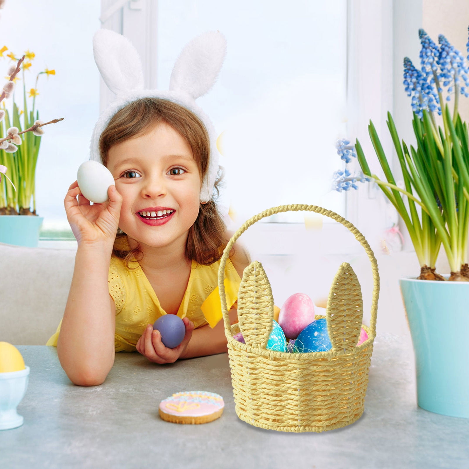 Yellow Large Easter Bunny Basket Woven Long Ears Storage Tote Bag For Eggs Candy Kids Gift Basket Iron Wire Holiday Decoration Spring Party Yellow