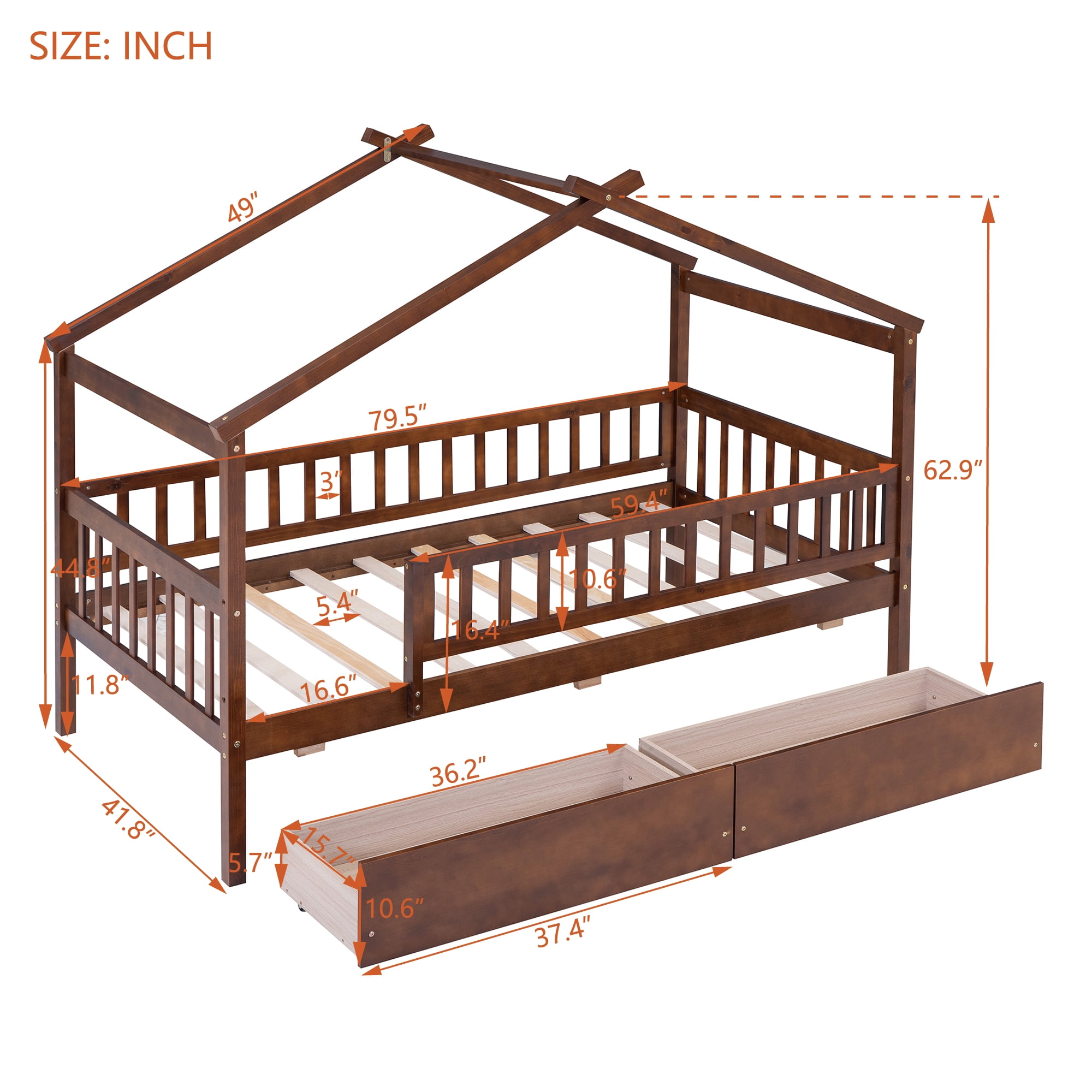 Sailvan Twin Size Wooden House Bed with Two Drawers