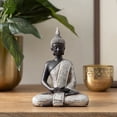 thumbnail image 3 of 6" x 8" Silver Polystone Meditating Buddha Sculpture with Engraved Carvings and Relief Detailing, by DecMode, 3 of 14
