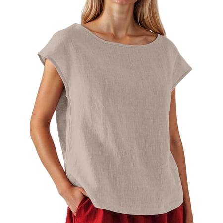 MIXUE Boho Tops For Women Summer Solid Color Round Neck Short Sleeve Loose Casual Pullover Shirts For Women T-shirts Activewear Beige S