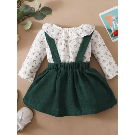 

Baby Girl Elegant Pattern Ruffle Top & Green Suspender Skirt