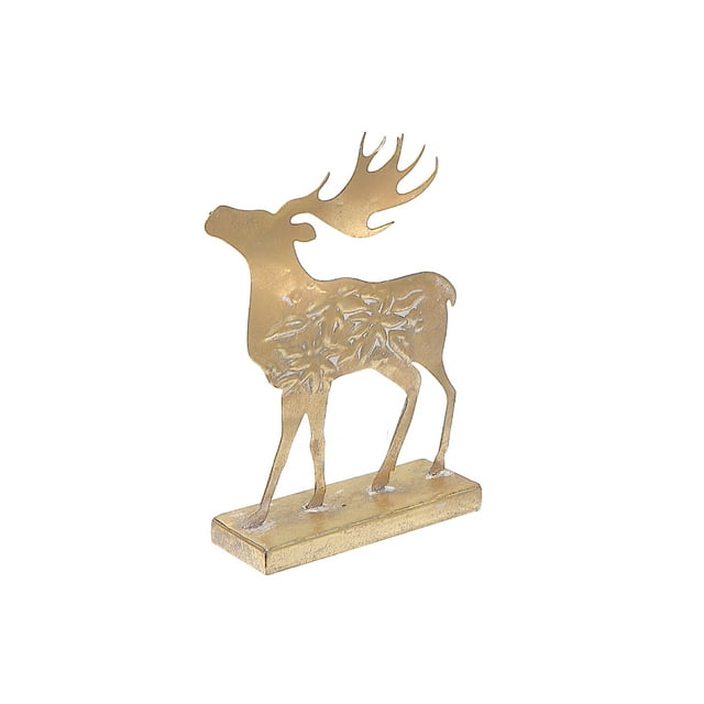 Gold metal reindeer figurine stand with head raised, featuring leaf patterns on body