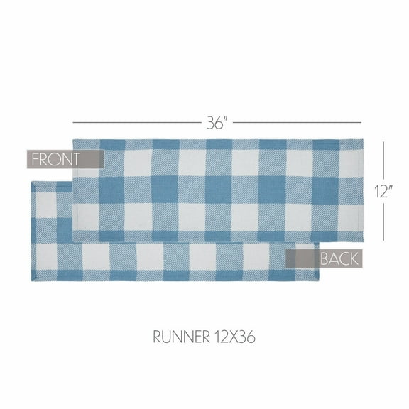 VHC Brands Runner 12x36, Cotton Dining Room, Kitchen Table Runner, Country Farmhouse Style, Annie Buffalo Check Dusk Blue