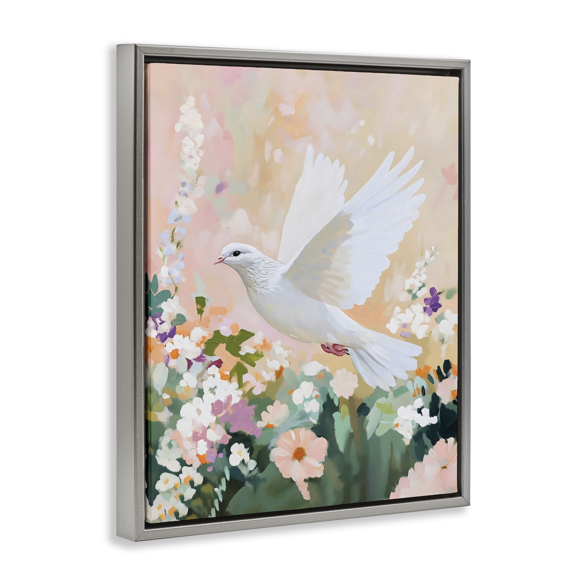 Stupell Industries White Dove Among Spring Blooms Gray Framed Floater Canvas Wall Art, design by The Prints Vibe