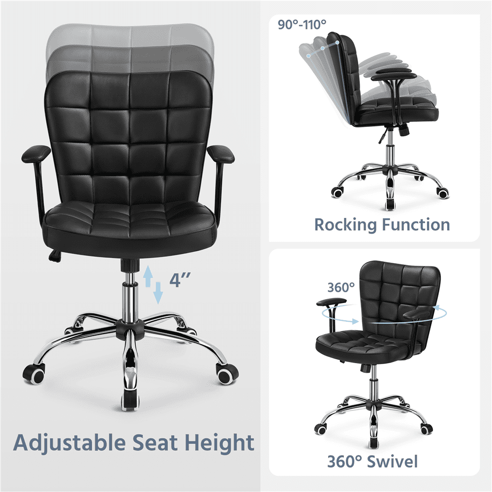 Alden Design Modern Mid-Back Faux Leather Office Chair Upholstered for Home Office, Black