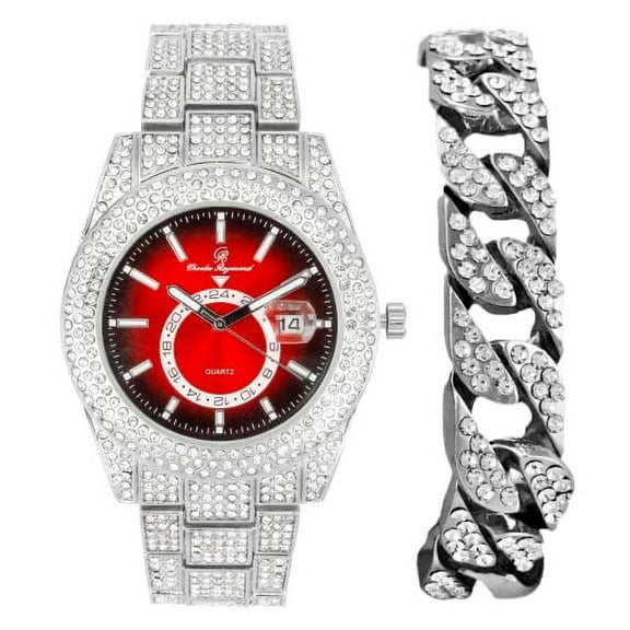 Charles Raymond Minimalist Designer Iced Out Watch with Date Window on dial A Hip Hop Clone Conspiracy Timepiece to Become a King of Bling - ST10328A (ST10328A SLV-Blk-Red-CB)