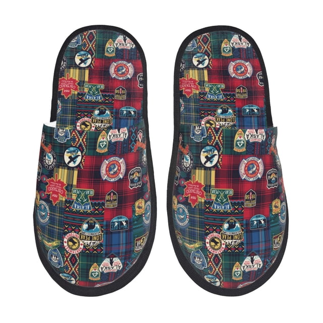 Fotbe Adventure Camping Badge Pantuflas Peludas para Mujer con Estampado, Zapatillas de Peluche, Zapatos de Invierno para Casa, Uso Interior y Exterior-Large