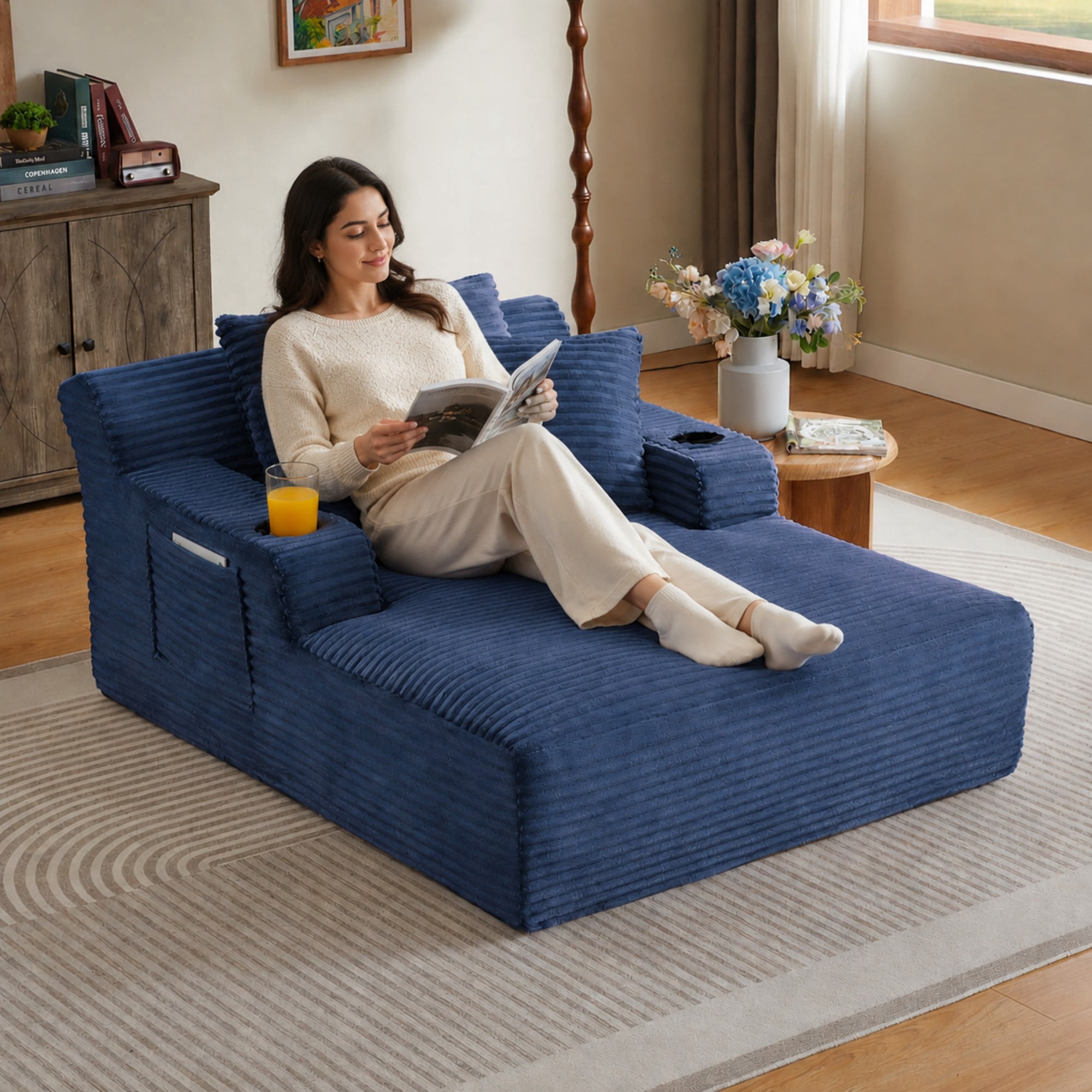 BSHTI 66.1" Corduroy Oversized Chaise Lounge Chair with Cup Holder, Side Pockets and Boneless Design for Living Room（Blue）