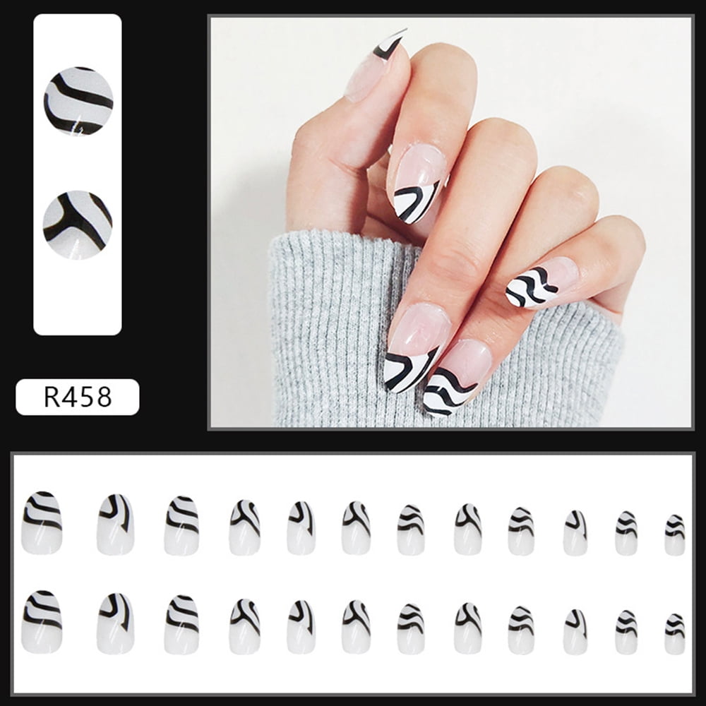 24Pcs Glossy Black White Lines False Nail Gentle Wearable Fake Nail for  Women - Walmart.com