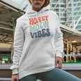 thumbnail image 2 of Honeymoon Vibes, Wedding, Marriage, Couple or Husband & Wife Themed, Groovy Retro Wavy Text Merch Gift, White Hooded Sweatshirt or Hoodie, XL, 2 of 5