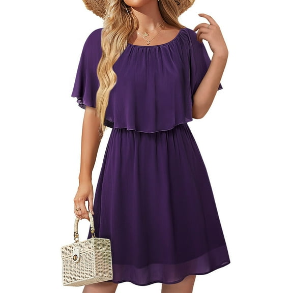 Rutainlusire Dresses for Women Under $10, Women's Summer Solid Color Sleeveless Capelet Sleeve Flowy Knee Length Dresses