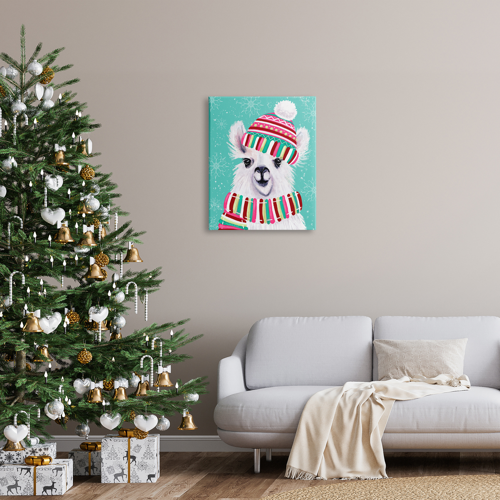 Stupell Indtries Festive Winter Llama Portrait Snowy Weather Scarf Hat,24 x 30,Design by Elizabeth Tyndall