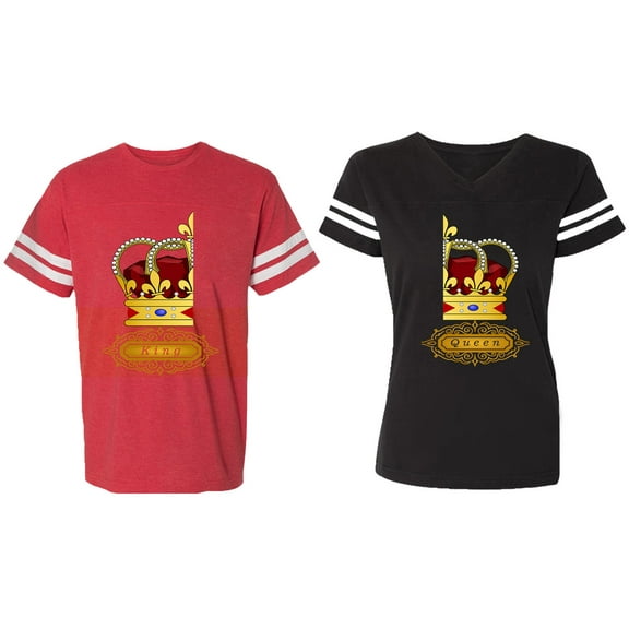 King Queen Red Gold Crown Matching Couple Cotton Jerseys (Men Red / Women Black) (Men S / Women S)