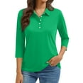 thumbnail image 2 of New 3/4 Sleeve Polo Shirts Women V Neck Collared Tees Loose Casual Business Tops Summer Green M, 2 of 6
