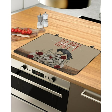

Happy Halloween Stove Top Covers for Electric Stove Heat Insulation Fireproof Glass Cooktop Cover Counter Top Glass Stove Cover 29 x21 Farmhouse Skeleton Crow Red Roses Floral