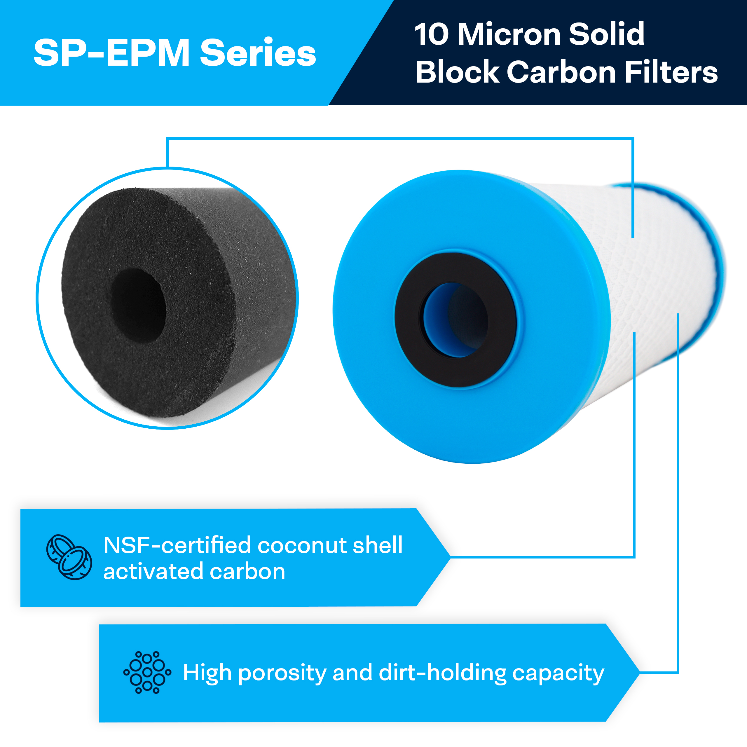 SpiroPure SP-EPM-BB 10x4.5 10 Micron NSF Certified Coconut Shell Carbon Block Water Filter Cartridge EPM-BB 155782-43 CB-45-1010 (Case of 6)