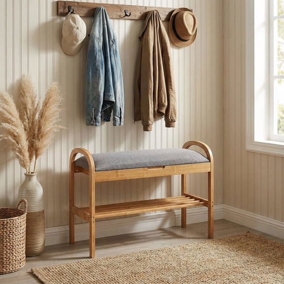 Resenkos 2-Tier Bamboo Shoe Storage Bench with Padded Cushion, Comfortable Organizer with Hidden Compartment for Entryway, Hallway, Gray