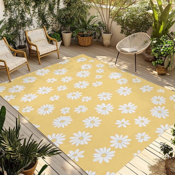 3' x 5' Outdoor Rug, White Yellow Daisy Outdoor Washable Rug Large Floor Carpet, Spring Summer Floral Botanical Non Shedding Area Rug for Outside Patio RV Porch Deck Balcony Camping Living Room