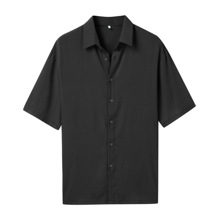B91Xz Work Shirts for Men Mens Spring And Summer Fashion Casual Solid Color  Bubble Button Lapel Shirt Shirt Short Sleeve T Black,Size XXL 