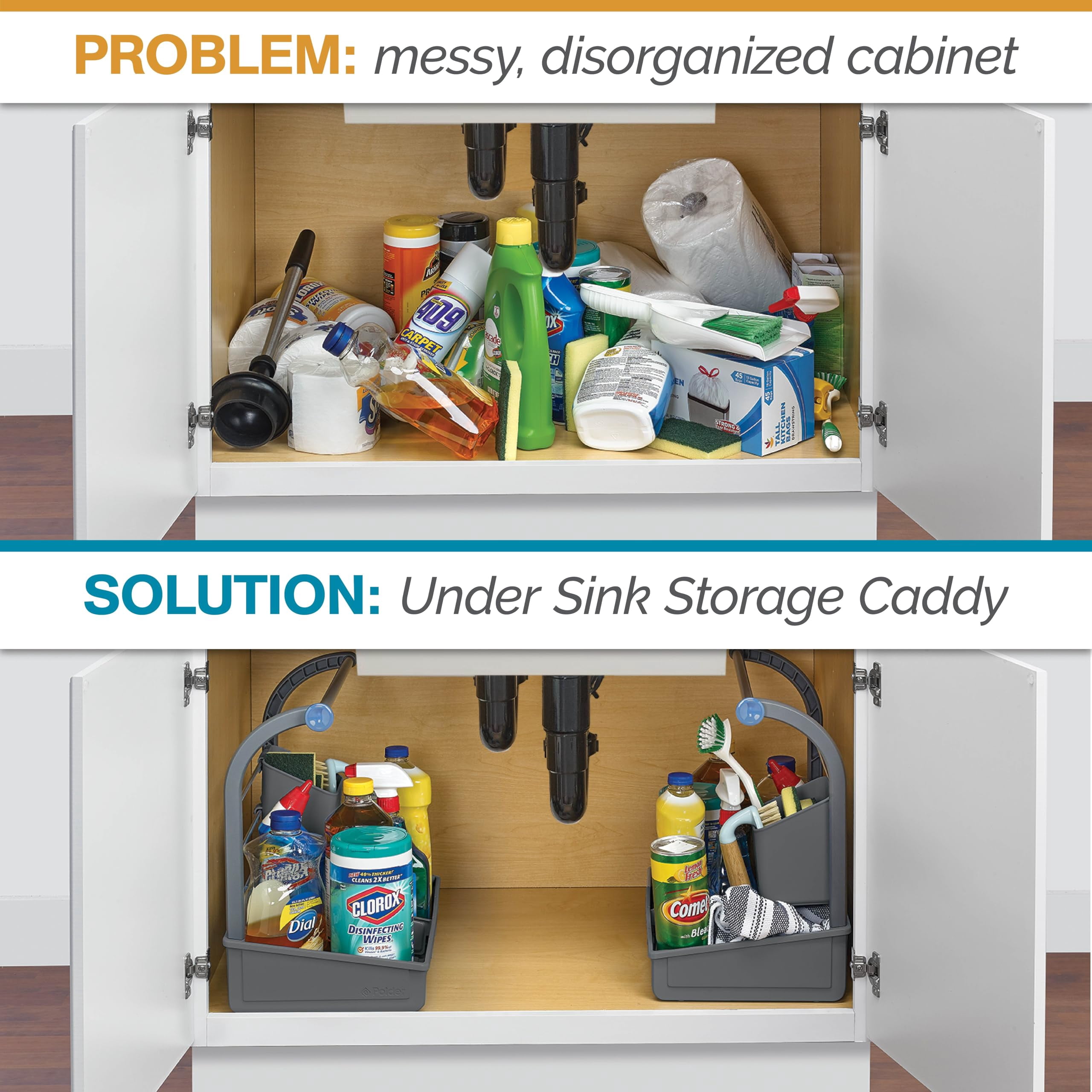 Polder Under Sink Storage Caddy, Kitchen and Bathroom Organization and Storage with Tray, Easy-to-Assemble, 16.75" x 10.5" x 16.5"