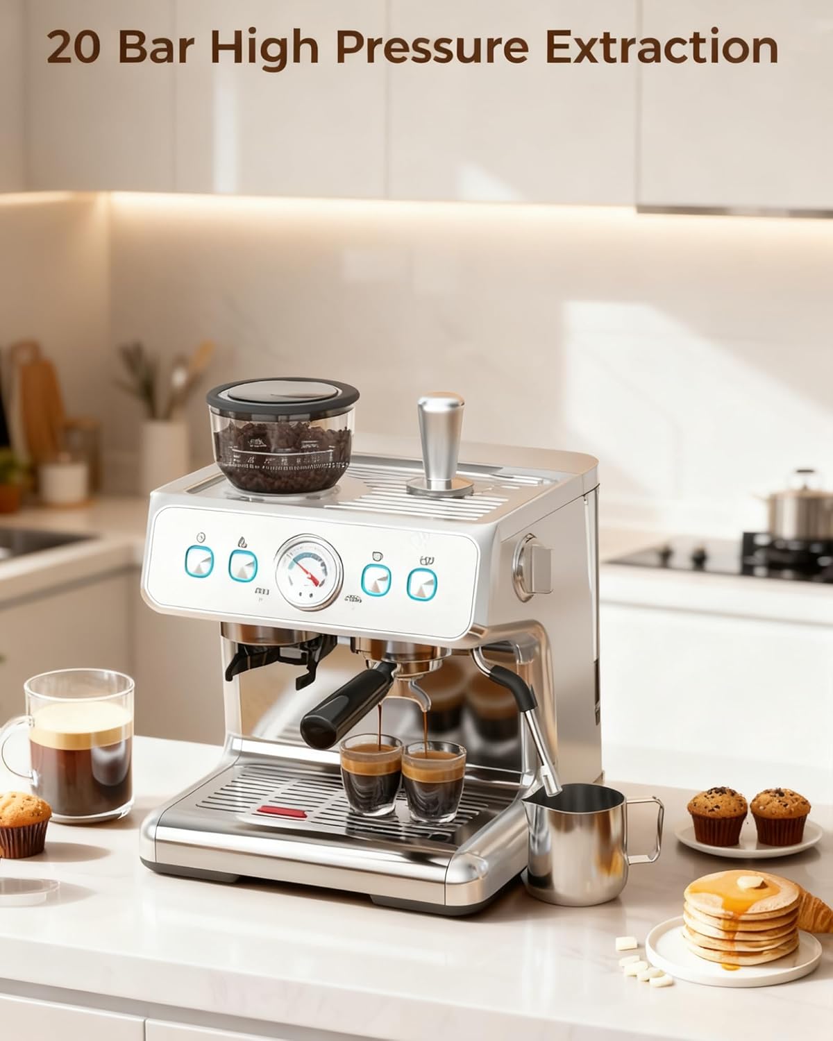 WAA 20 Bar Espresso Machine Semi-Auto with Grinder/Milk Frother,1450W Home Maker,95 Oz Tank (Stainless Steel)
