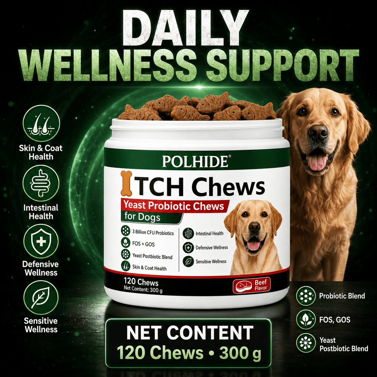 POLHIDE Allergy Probiotic Chews for Dogs, Yeast & Itch Relief, Skin Coat & Gut Health, 3 Billion CFU, Pork Flavor, 120 Count