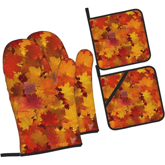 Fall Autumn Maple Leaves Oven Mitts and Pot Holders Sets Heat Resistant Non-Slip Kitchen Potholder Oven Gloves for Baking Cooking Grilling BBQ Mittens Kitchen Decor and Accessories Gifts