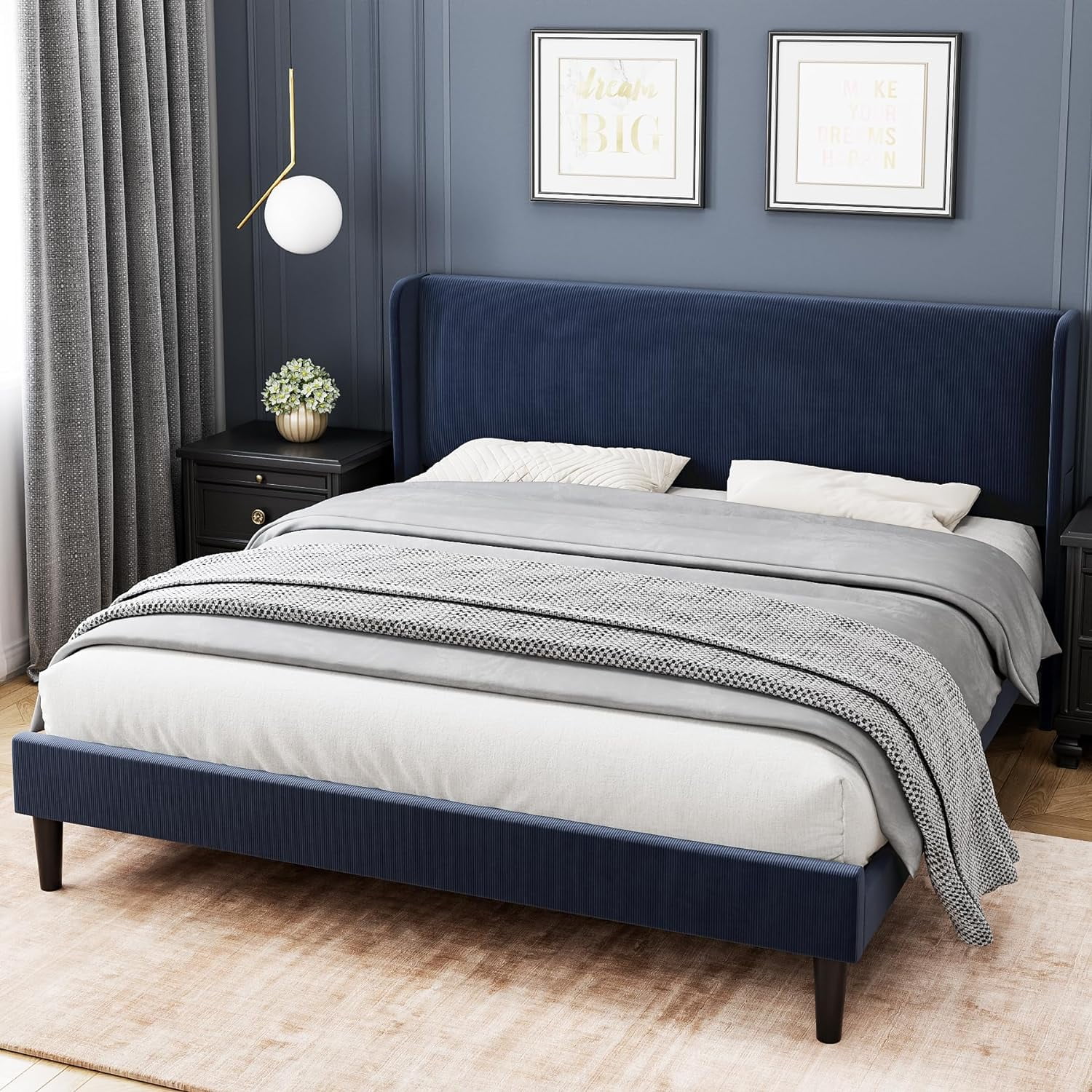 Senfot Queen Size Bed Frame,Upholstered Platform Bed with Wingback Headboard,Velvet Upholstered Bed Frame with 2 Storage Pocket,Strong Wooden Slat Support,Box Spring Optional,Easy Assembly,Light Gray