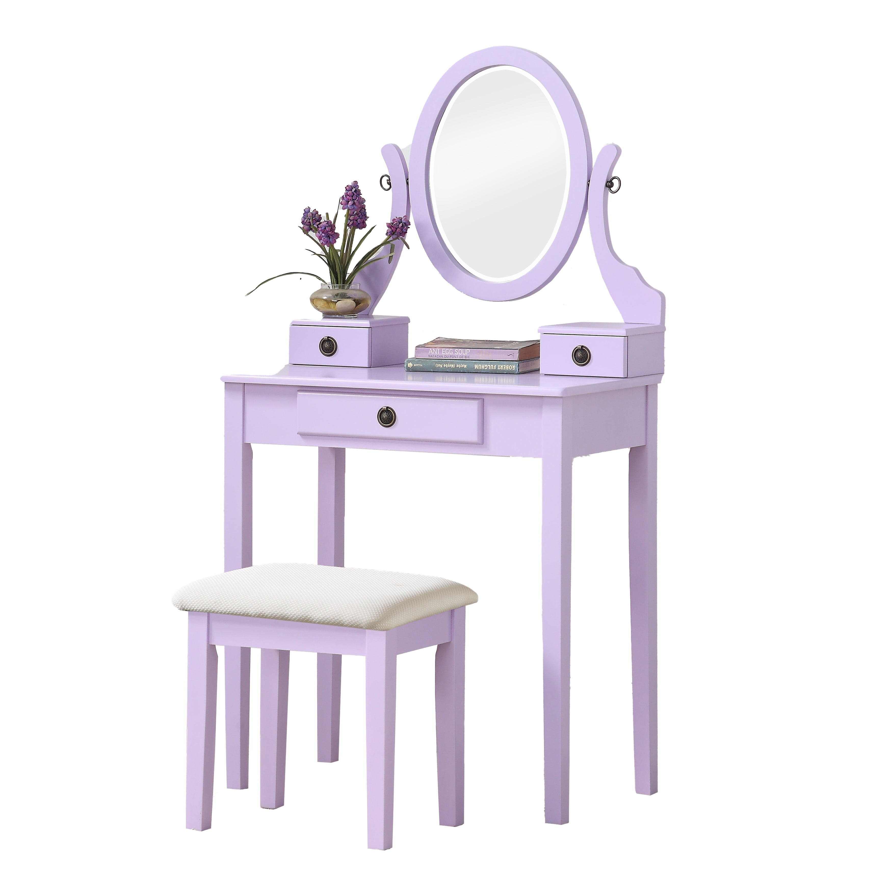 Mintazer Vanity Table Set with Adjustable Oval Mirror & Cushioned Stool, Makeup Dressing Table with 3 Drawer for Bedroom, Purple