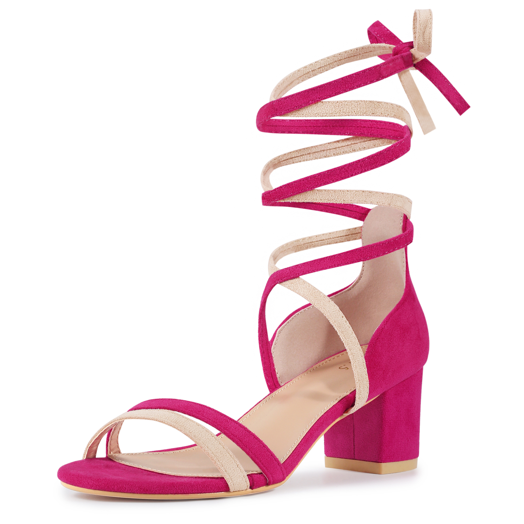 DARING DIVA Women's  Fashion Open Toe Lace Up Color Block Heel Sandals Hot Pink Beige 8.5