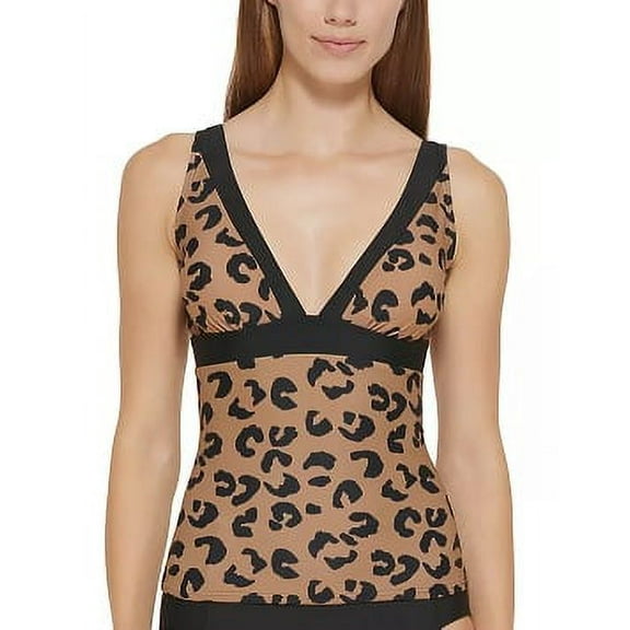 DKNY MOCHA Leopard-Print Tankini Swim Top, US Medium