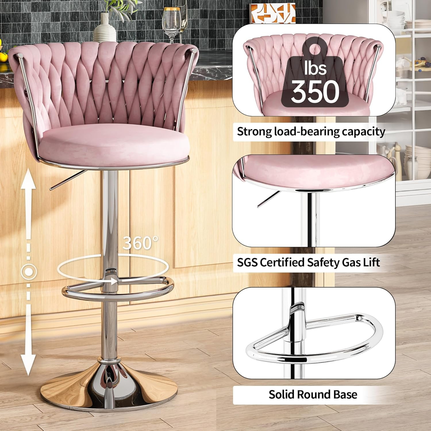 LinkRomat Velvet Bar Stools Set of 2,Swivel Counter Height Bar Stools with Backrest and Footrest,for Kitchen Island Dining Chairs,Pink