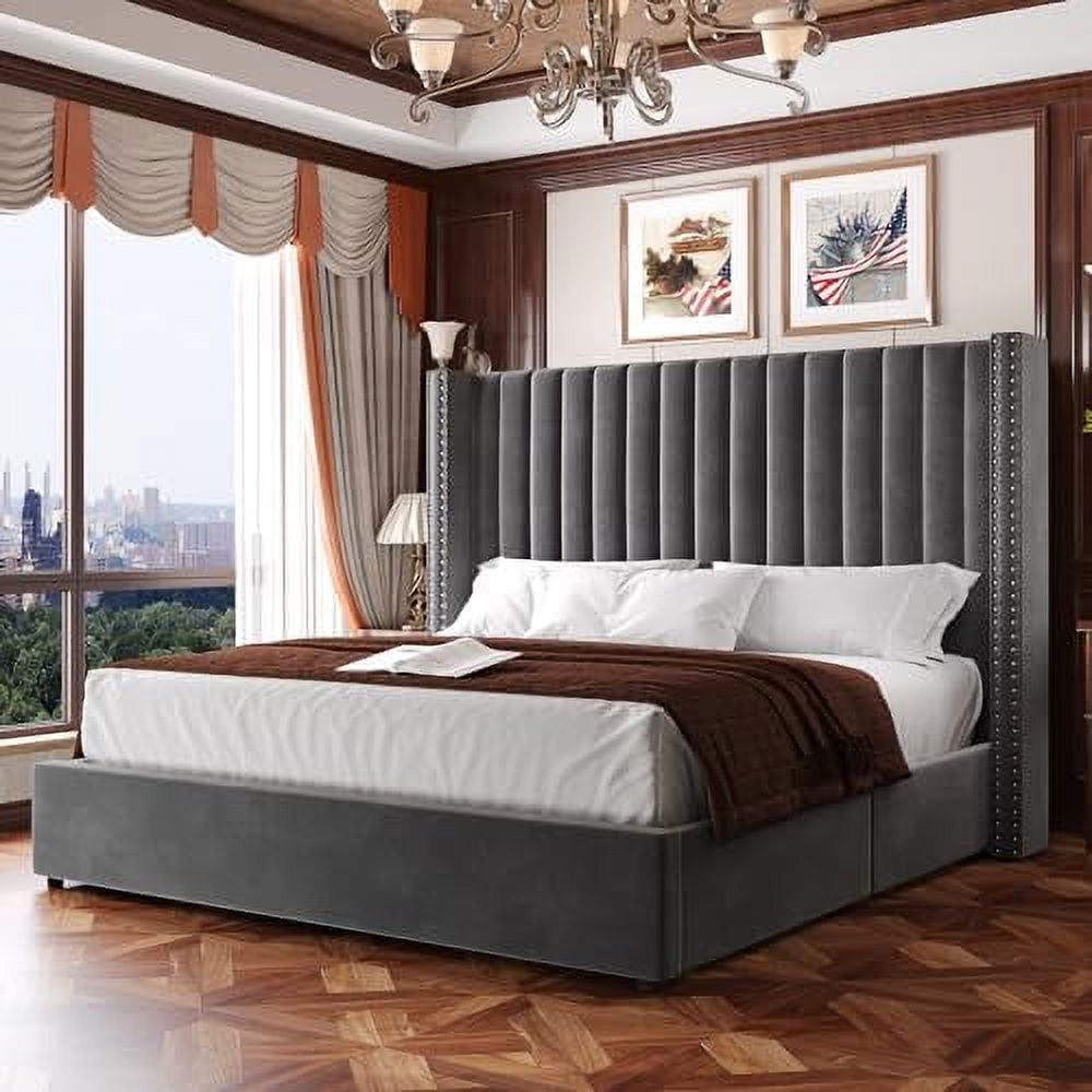 VanAcc Lift up Storage Bed Frame Queen Size, Upholstered Platform Bed Velvet with Channel Tufted Wingback Headboard, No Box Spring Needed, Gray