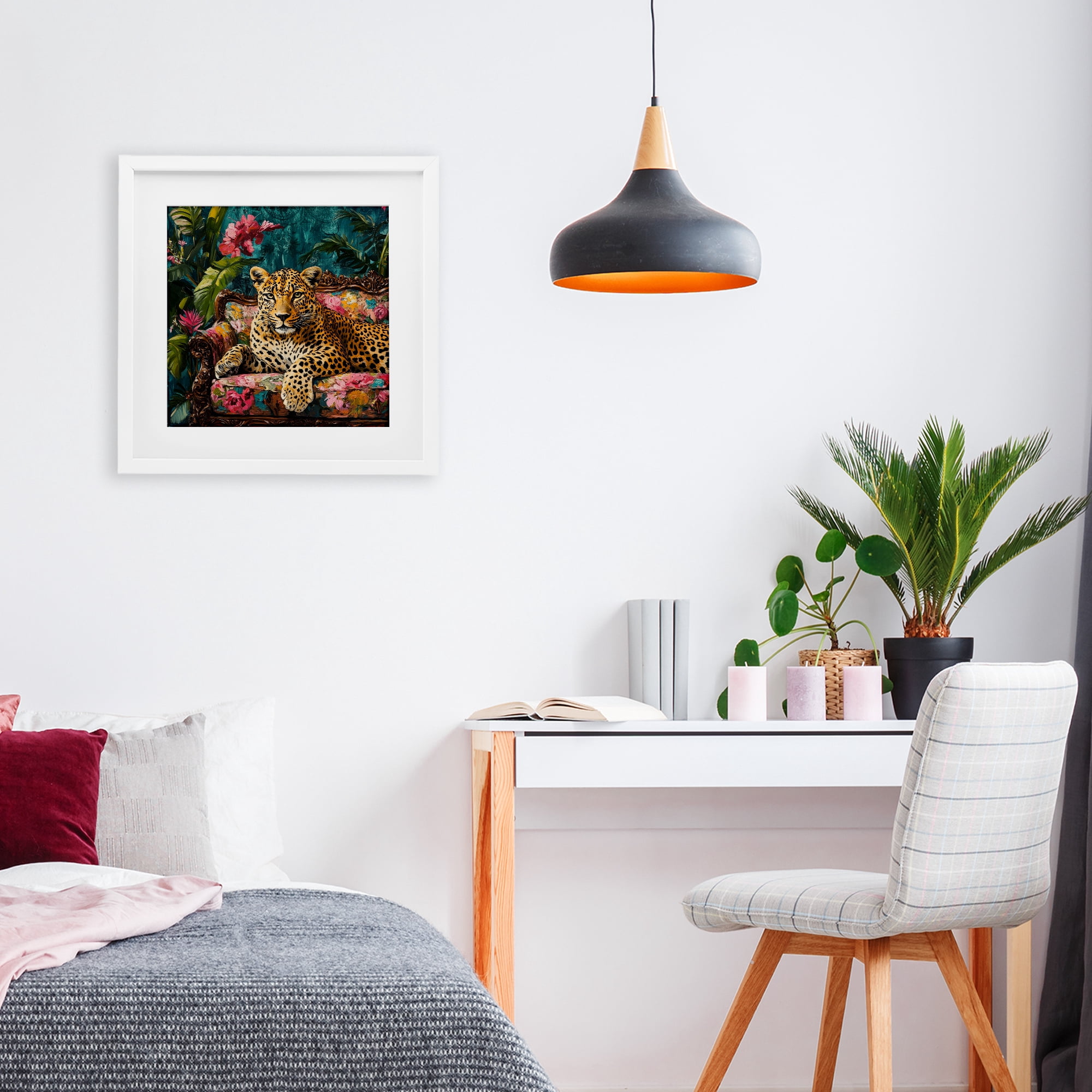 Stupell Industries Fashionable Leopard on Floral Sofa White Framed Print Under Glass, design by Petal Prints Design