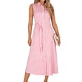 thumbnail image 2 of Pounoo Robes Midi pour Femmes Sans Manches à Imprimé Rayé, Col à Revers, Robe Boutonnée avec Taille Ajustable à Nouer, Ourlet Fluide, Robes de Travail Quotidiennes, Cadeau, 2 of 5