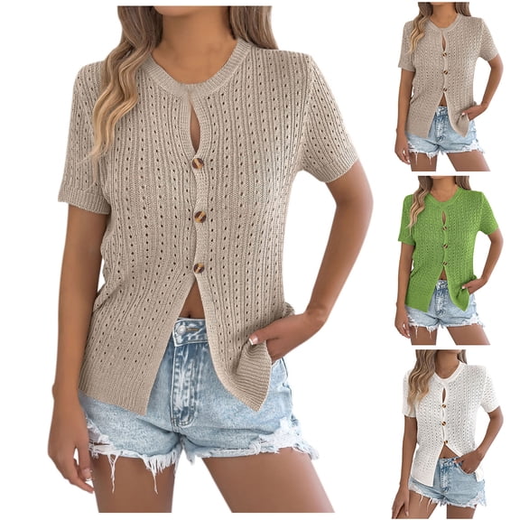 Women Tshirts Trendy Sawvnm Women‘s Casual Fashion Solid Color Round-neck Button Short Sleeved Blouse T-shirt Top Tank Tops for Women Khaki XL