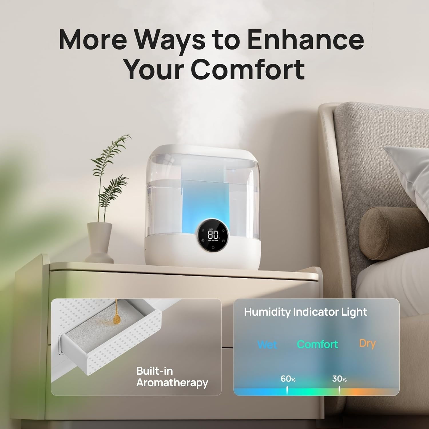 Humidifiers for Bedroom, 6L Easy to Fill & Clean, 60H Runtime for Large room, 28 dB Quiet Cool Mist Air Humidifier for Plant, Baby Nursery, Home, Indoor, Night Light, Precise Humidity Control