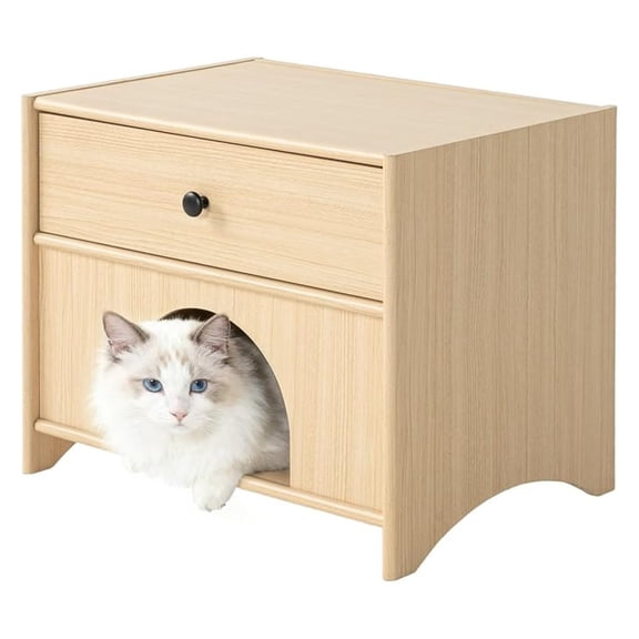 2-in-1 Nightstand with Drawer Wooden Cat Bed End Table, Modern Cat Bedside Table Hideaway Small Side Table for Living Room Bedroom
