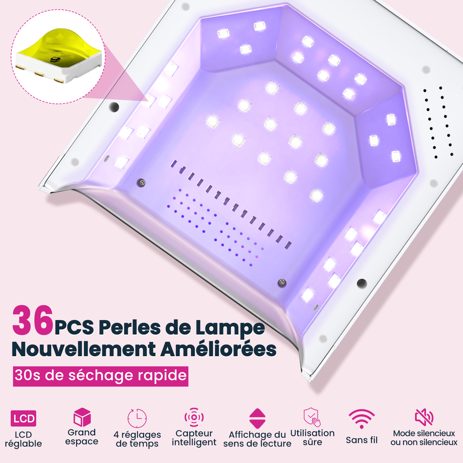 Rechargeable LED Nail Lamp, 150W Professional UV Nail Light for Gel Polish with 4 Timers & Smart Sensor, 36 PCS Powerful Lamp Beads, LCD Display for Nail Salon and Home