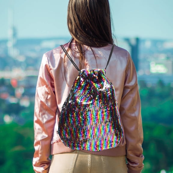 HAMPPLIES Drawstring Cloth Bag with Colorful Sequin Design, Ideal for Outdoor Activities and Everyday Use