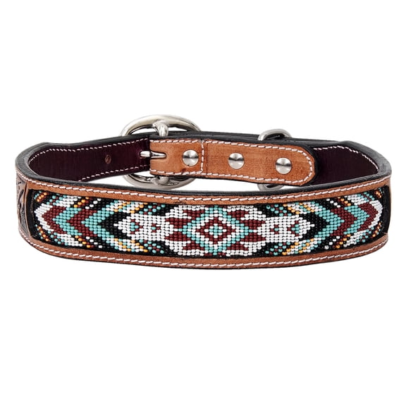 Small Strong Genuine Leather Dog Collar Beaded Hand Tooled Hilason