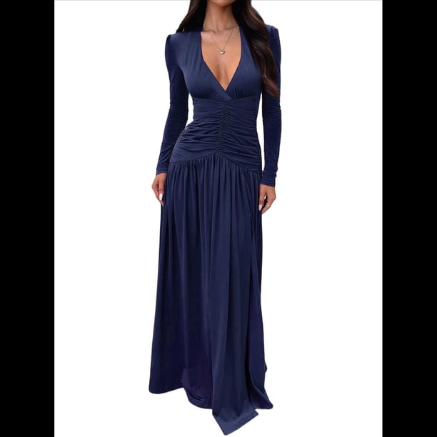 Vestido de Larga para Mujer, Cuello en V, Cintura Cruzada, Vestidos Formales Largos de Cóctel, Atuendos para Salidas Nocturnas Azul Marino L