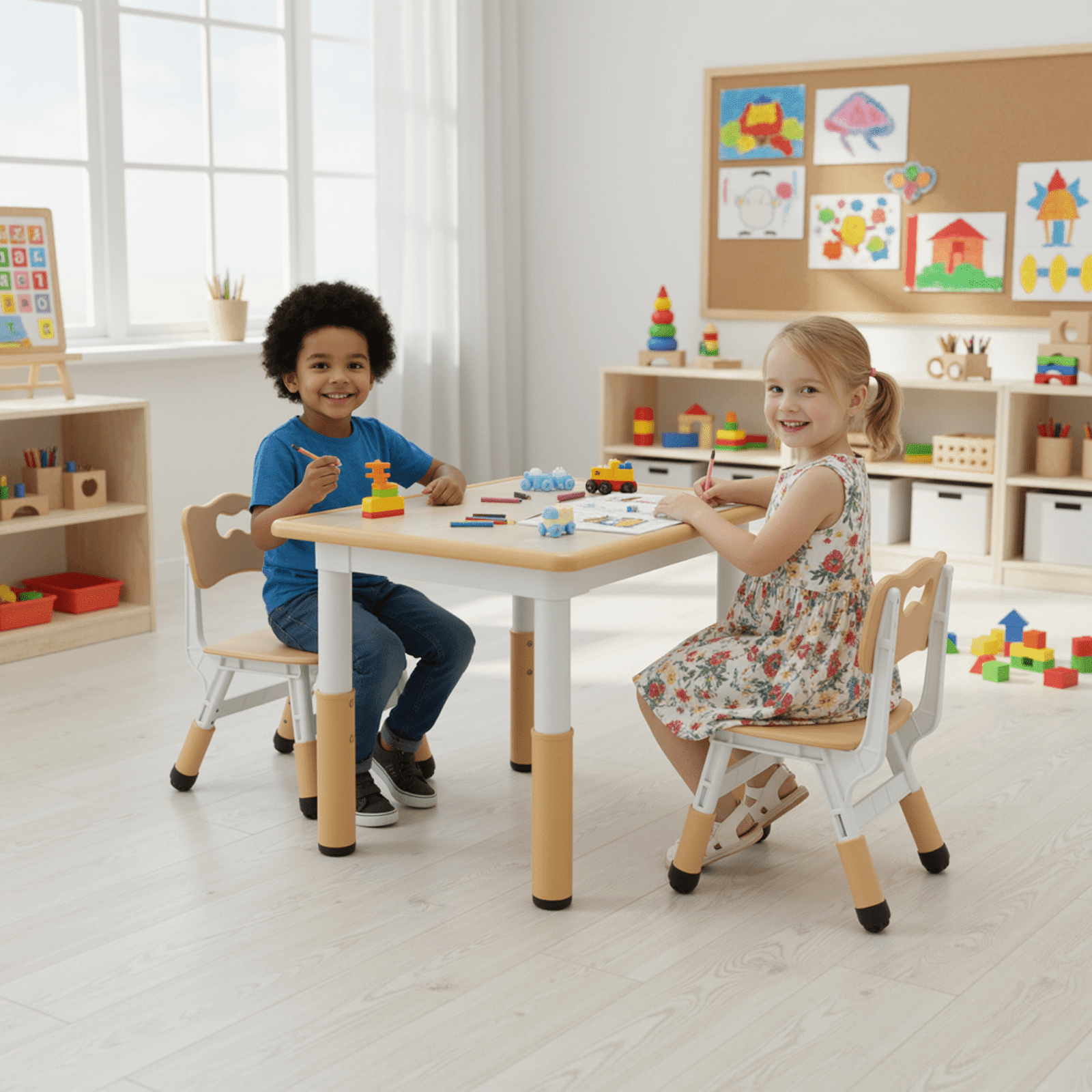 TLSUNNY Kids Table and 2 Chairs Set, Height Adjustable, Toddler Activity Table with Graffiti Desktop, for Daycare, Classroom & Home