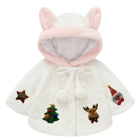 

FZM Christmas Toddler Kids Girls Rabbit Ears Christmas Cartoon Prints Outwear Warm Hooded Coat Princess Cloak Cape
