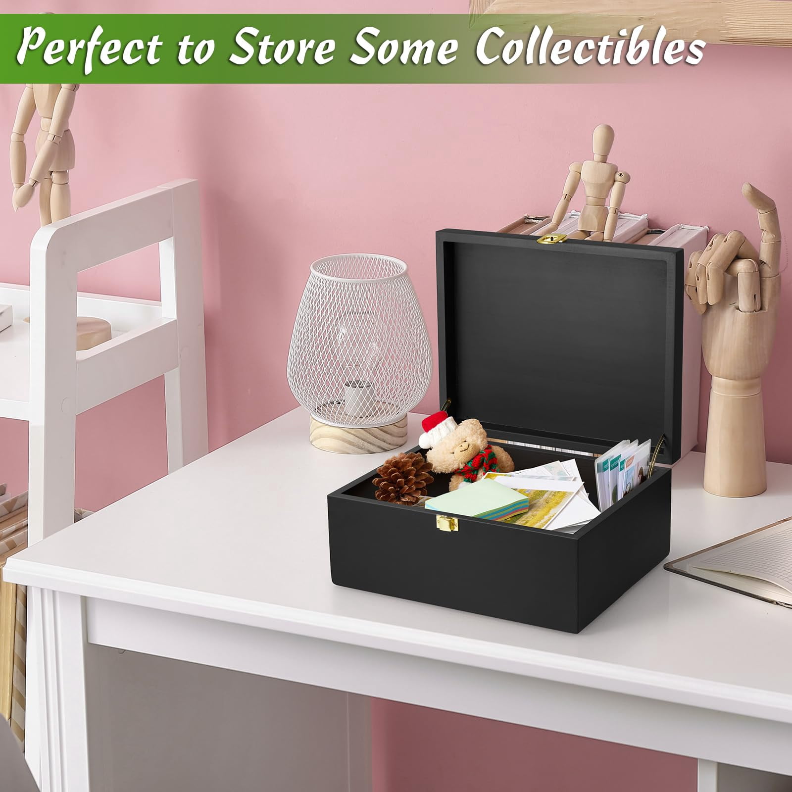 Large Wooden Keepsake Box  Black Memory Decorative Storage With Hinged Lid Card