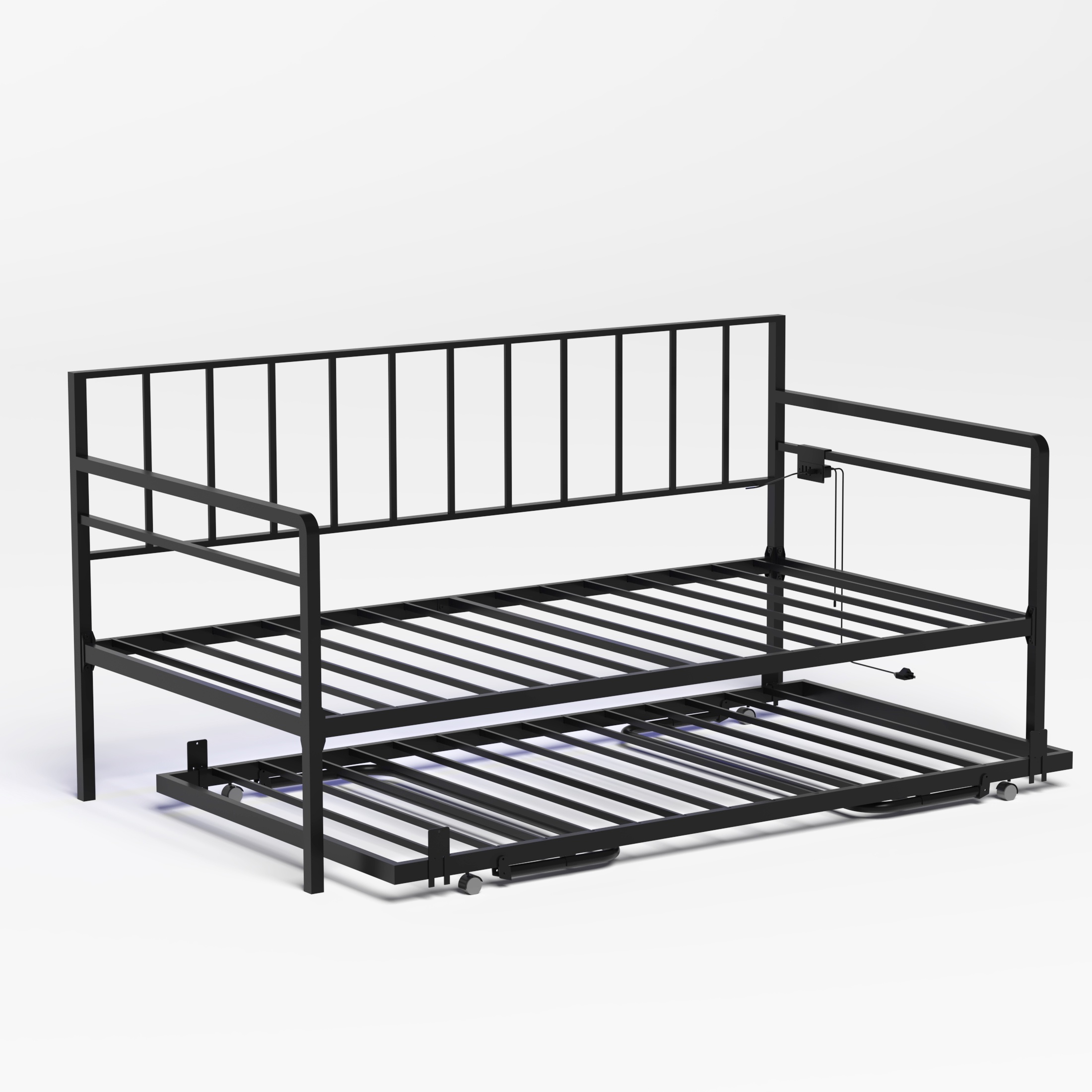 PORKISS LED Twin Daybed with Trundle, Metal Frame, Charging Station, Twin Size Bed Frame, No Box Spring Needed, Black