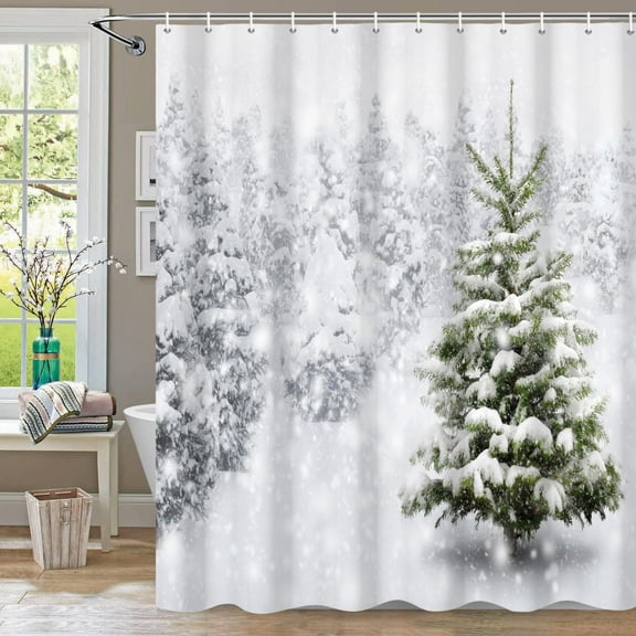 Jbralid Winter Christmas Tree Shower Curtain,72Wx72H inch Modern Snowy Forest Shower Curtain Set Xmas Christmas Holiday Shower Curtain Happy New Year Bathroom Christmas Decor with 12 Hooks