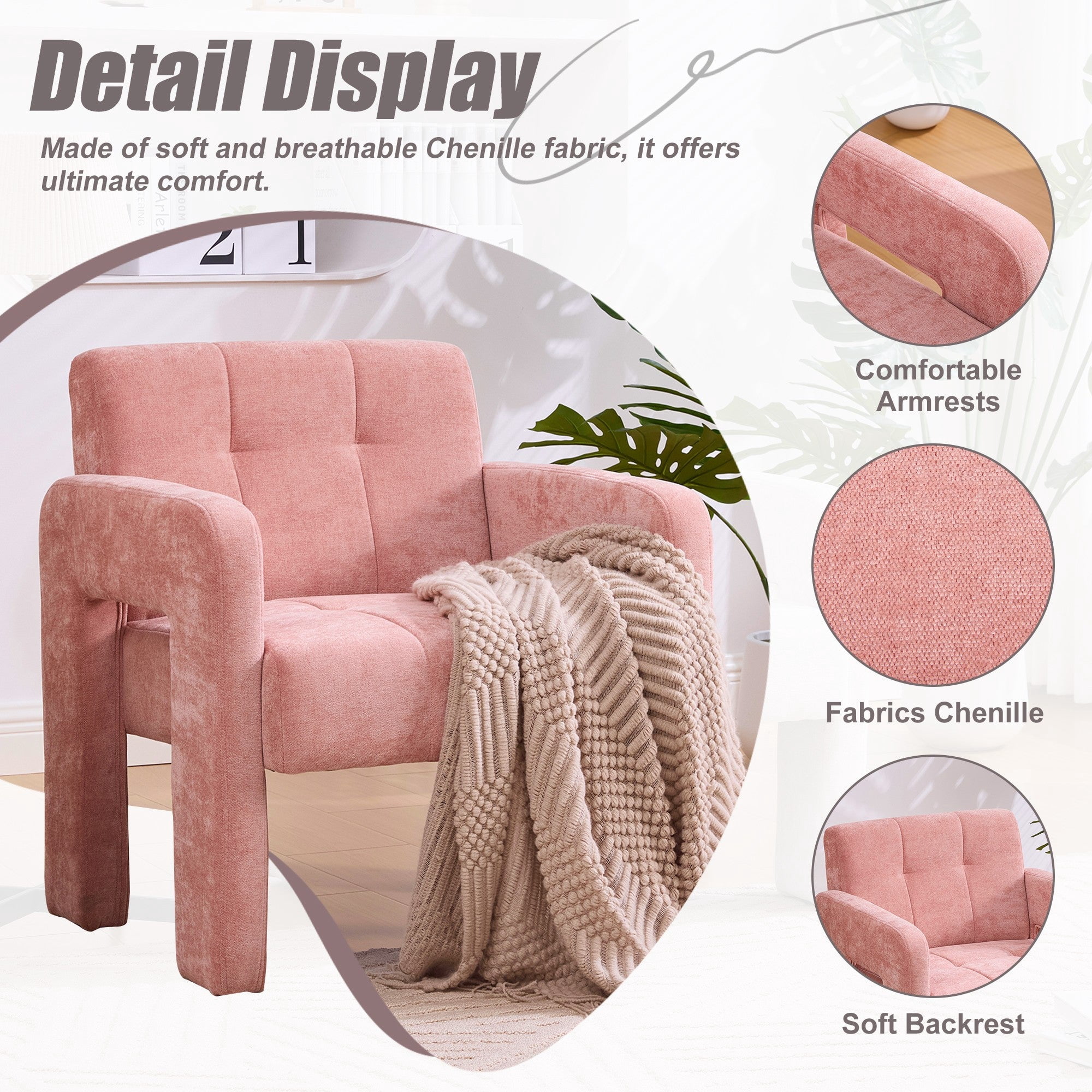 Sailvan Modern Minimalist Single Armchair,Soft Chenille Accent Chair for Living Room,Bedroom & Office,Comfy Nordic Reading Chair Pink
